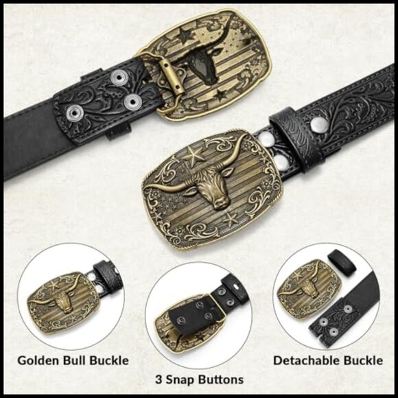 Split Leather Western Cowboy Belt with Bull Buckle for Jeans main image 5